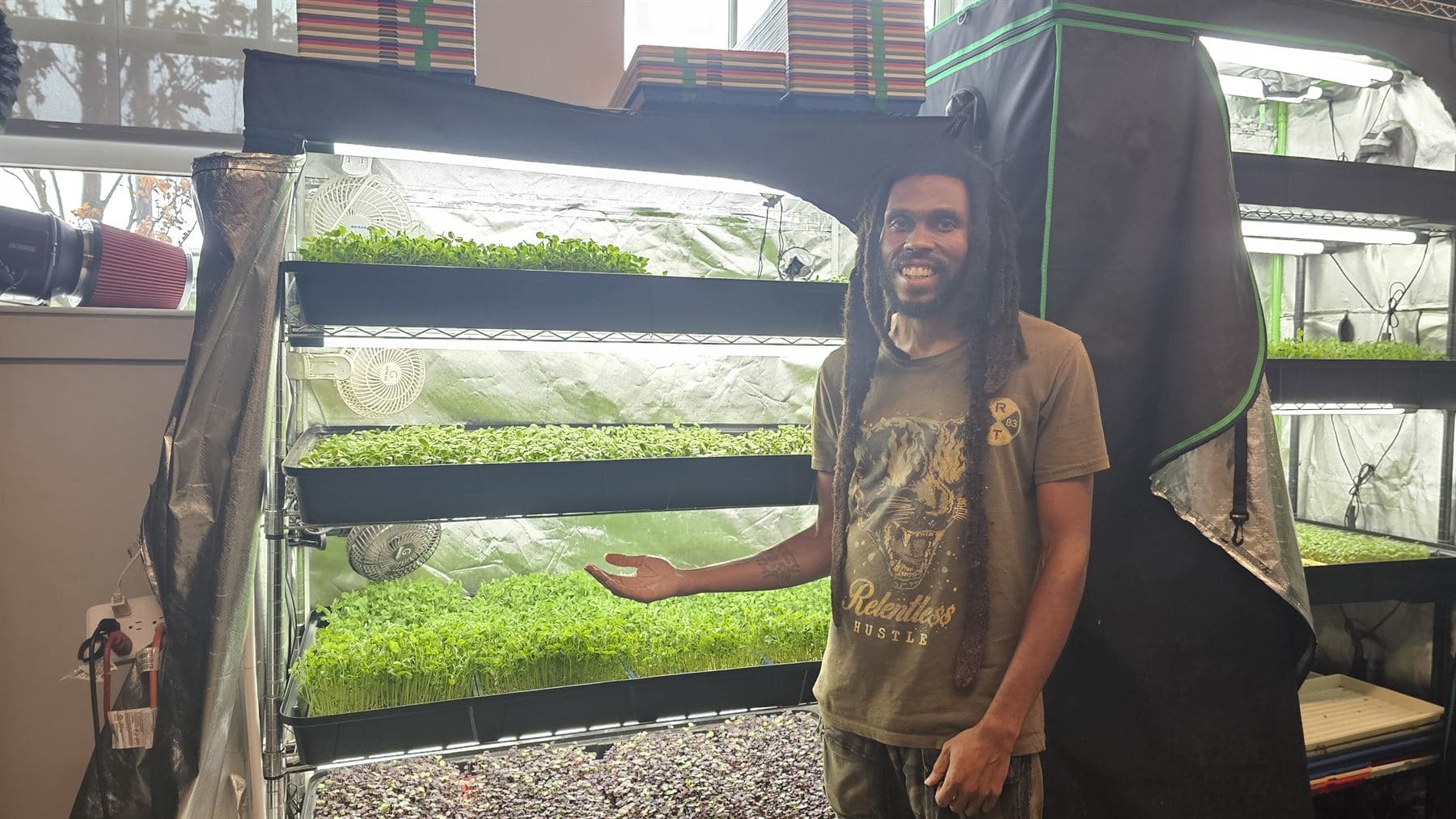 A grower smiles and gestures toward a four-tier rack of microgreens under LED tube lights, with clip fans on each shelf, an inline duct fan and a power strip at the left, and more lit grow tents behind him.